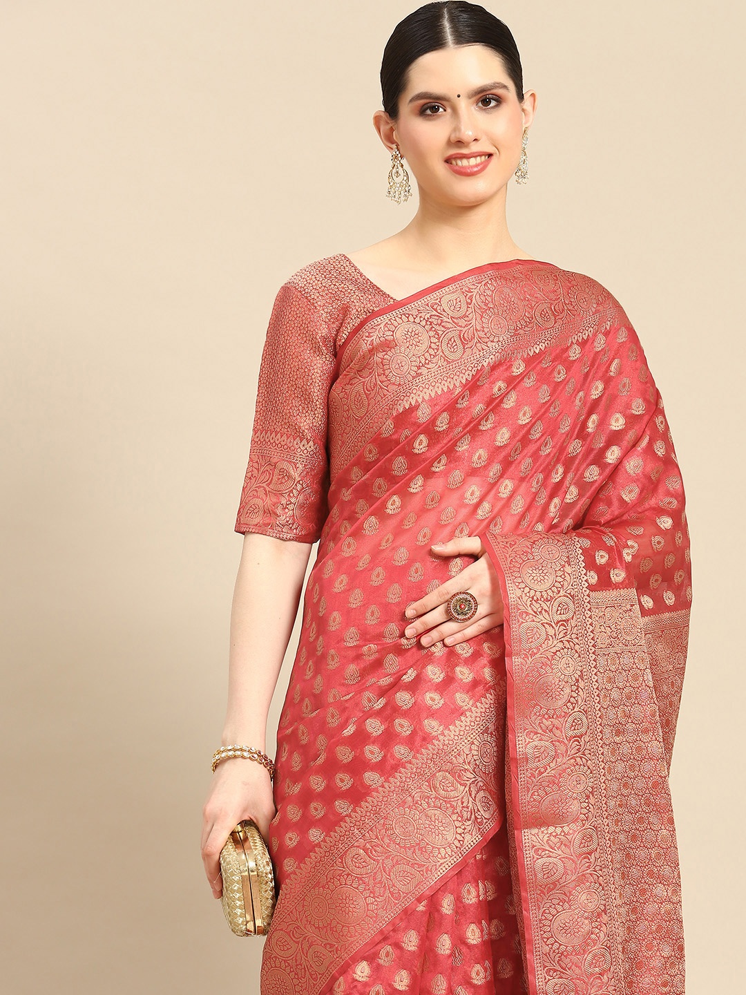 

Saree mall Ethnic Motifs Zari Organza Kanjeevaram Saree, Pink