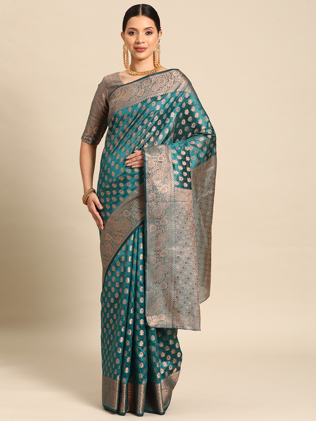 

Saree mall Woven Design Ethnic Motifs Zari Organza Kanjeevaram Saree, Teal