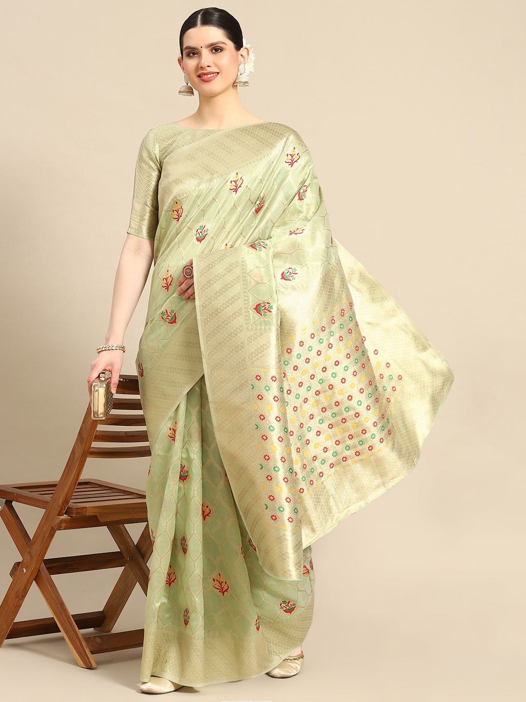 

Saree mall Ethnic Motifs Zari Organza Banarasi Saree, Green