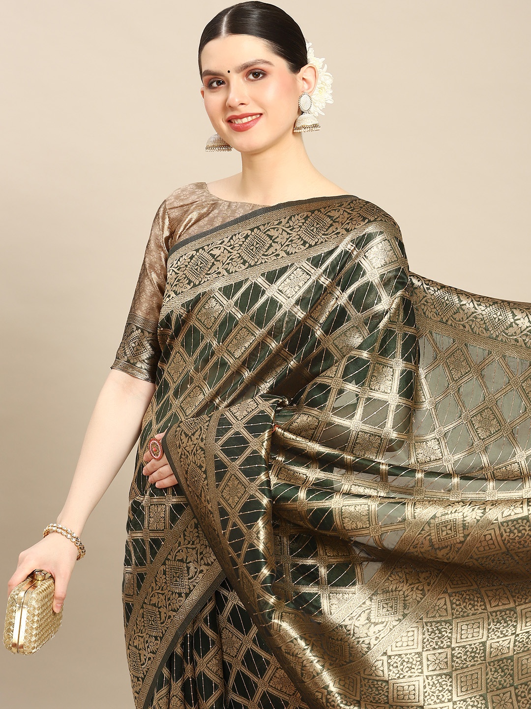 

Saree mall Ethnic Motifs Sequinned Organza Banarasi Saree, Green