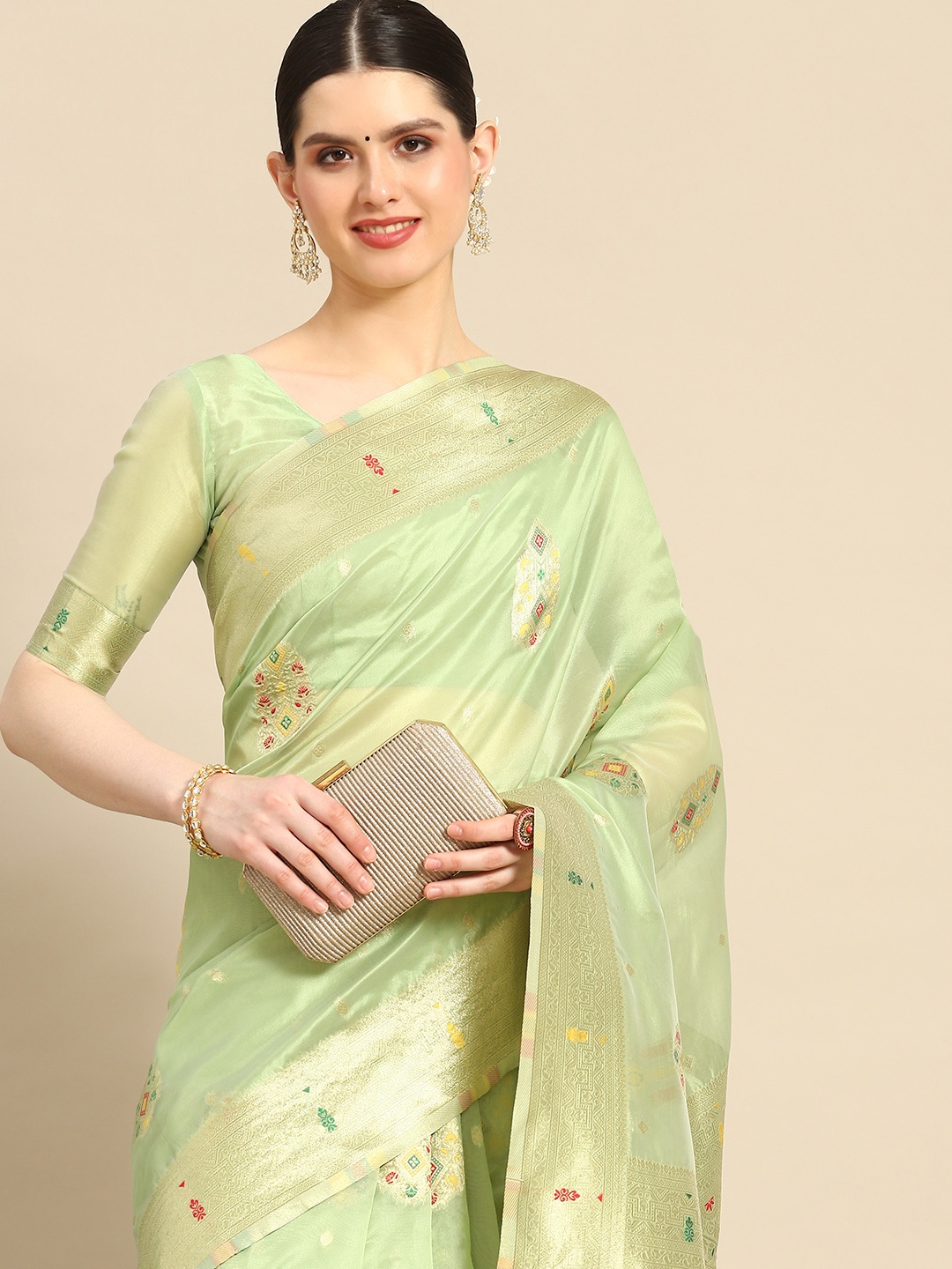 

Saree mall Bagh Zari Organza Banarasi Saree, Green
