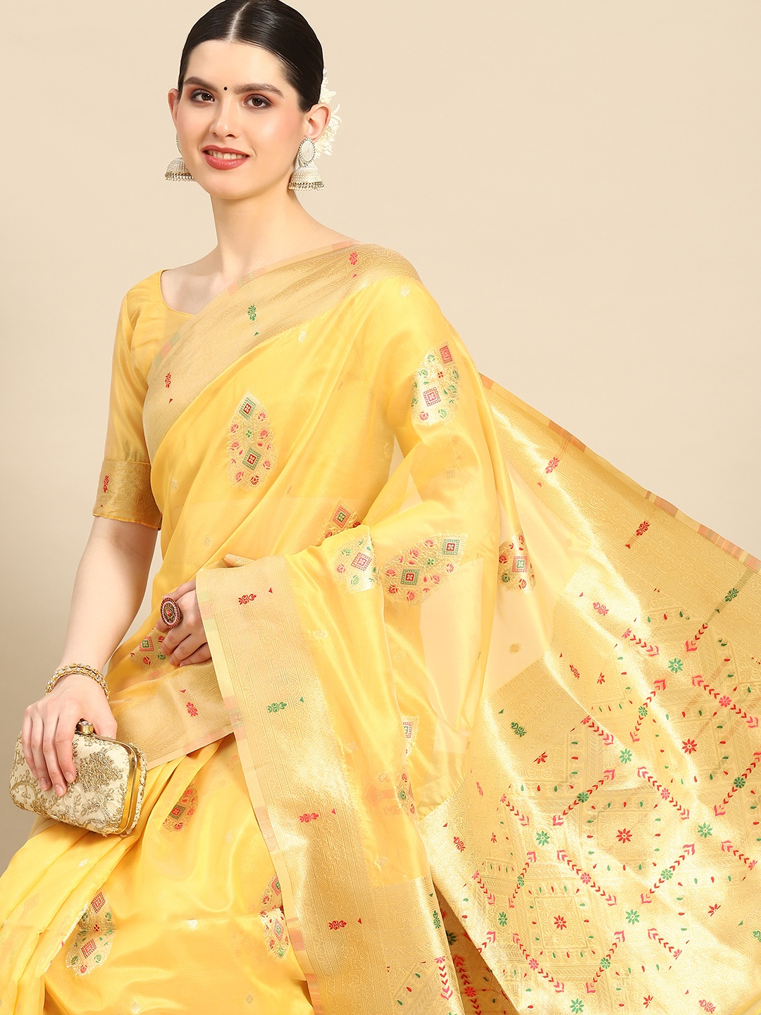 

Saree mall Bagh Zari Organza Banarasi Saree, Yellow