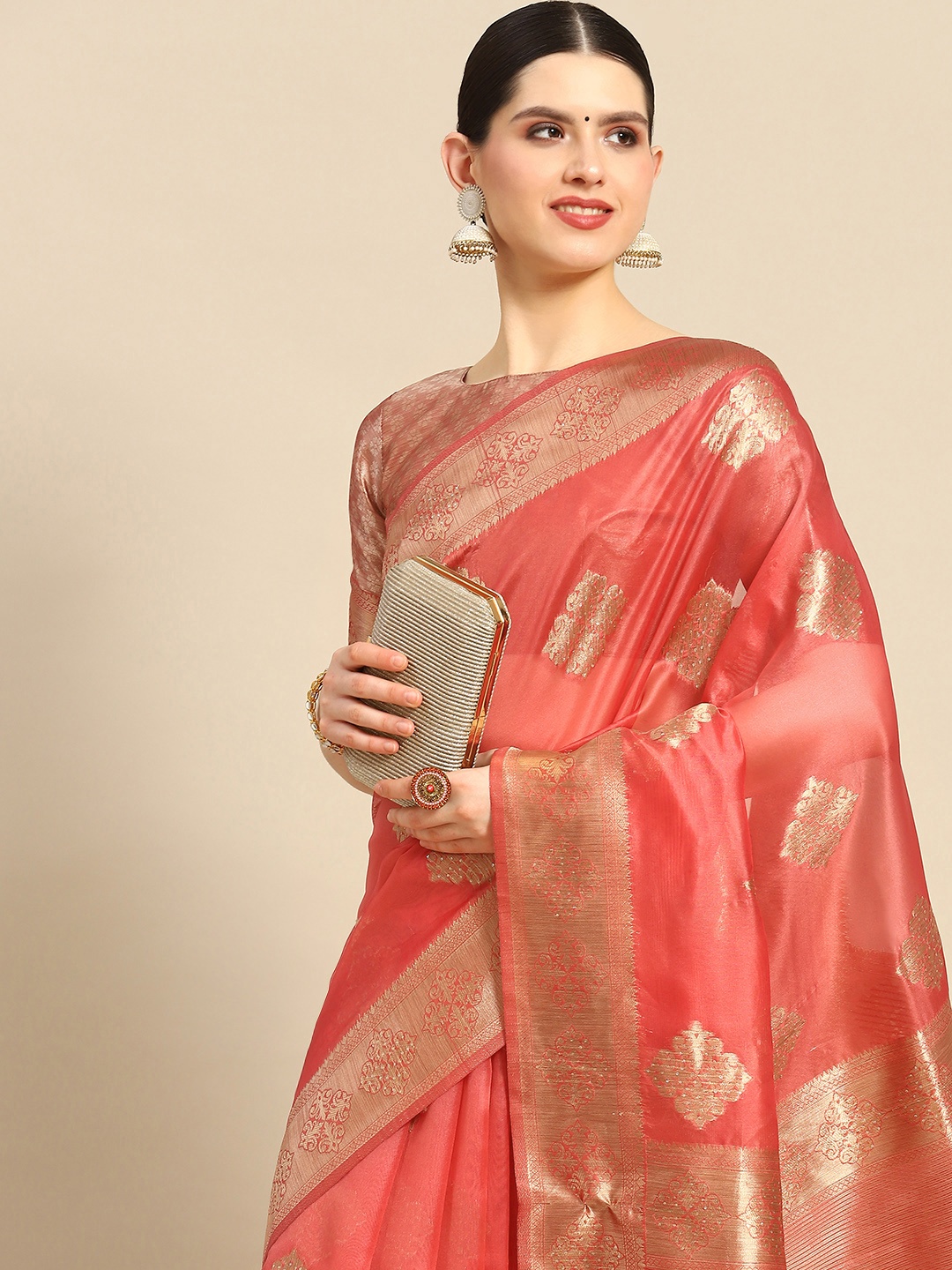 

Saree mall Bagh Sequinned Organza Banarasi Saree, Pink