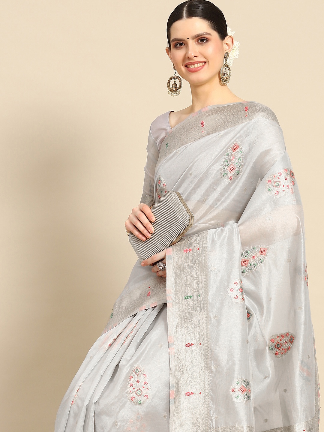 

Saree mall Bagh Zari Organza Banarasi Saree, Grey