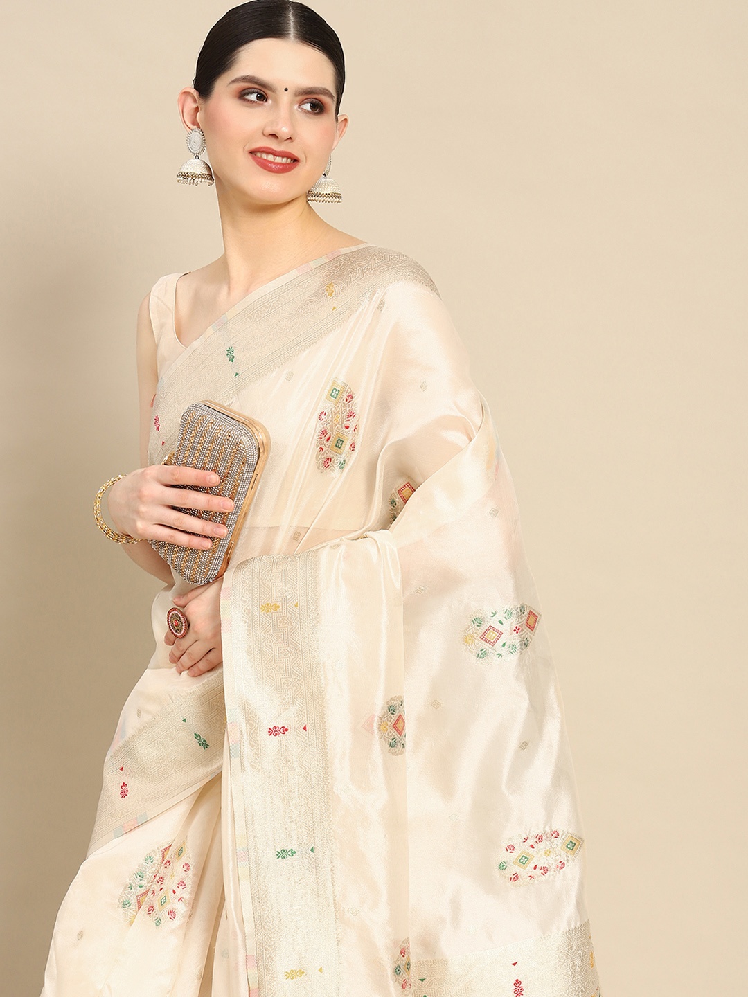 

Saree mall Woven Design Bagh Organza Banarasi Saree, Cream
