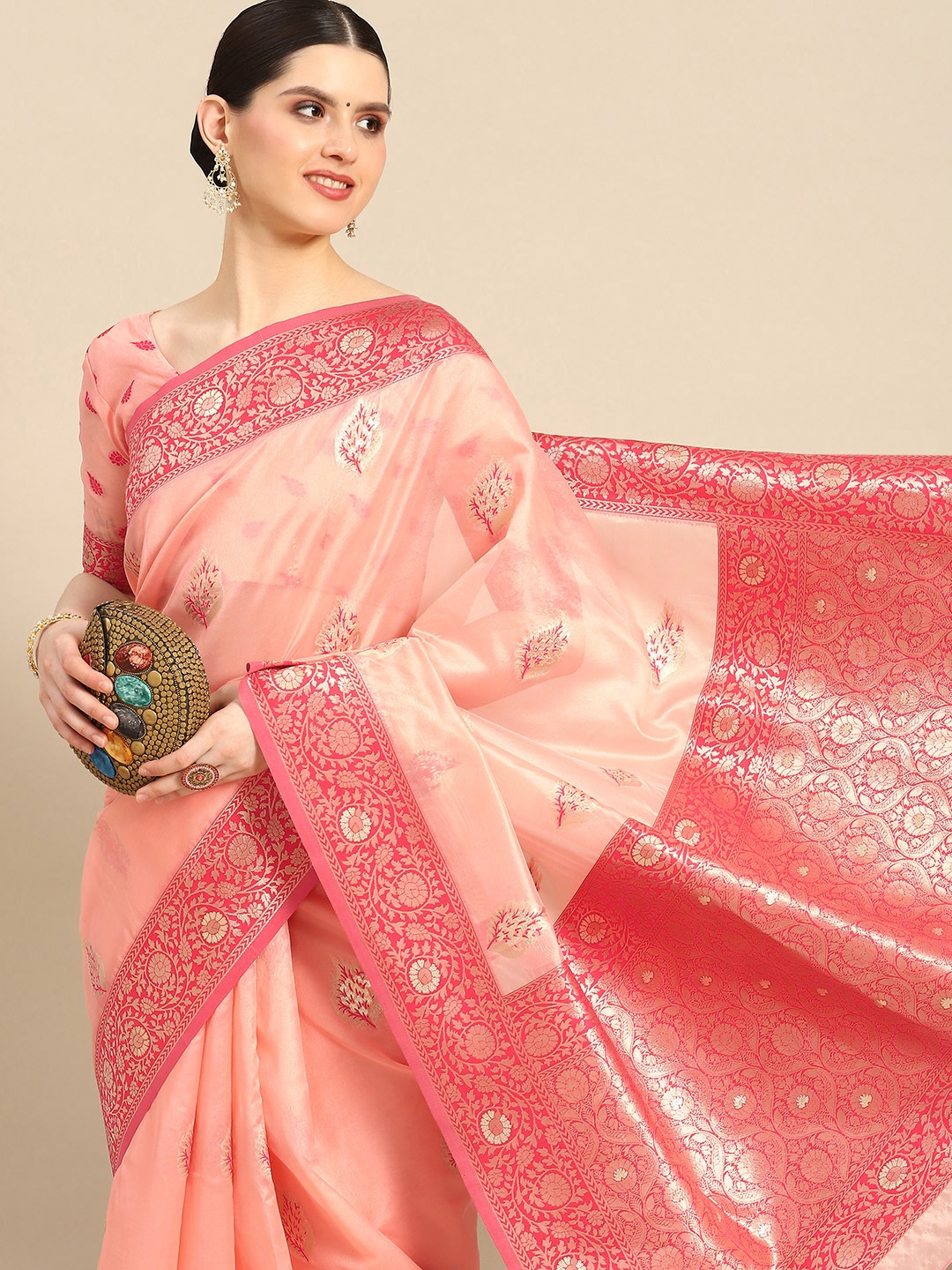 

Saree mall Woven Design Bagh Organza Banarasi Saree, Peach