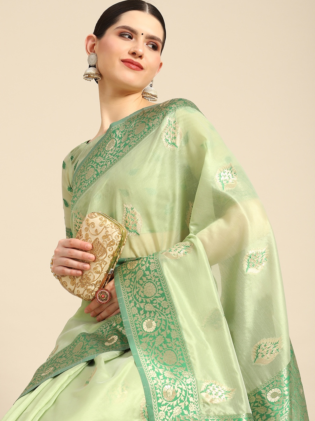 

Saree mall Bagh Zari Organza Banarasi Saree, Green