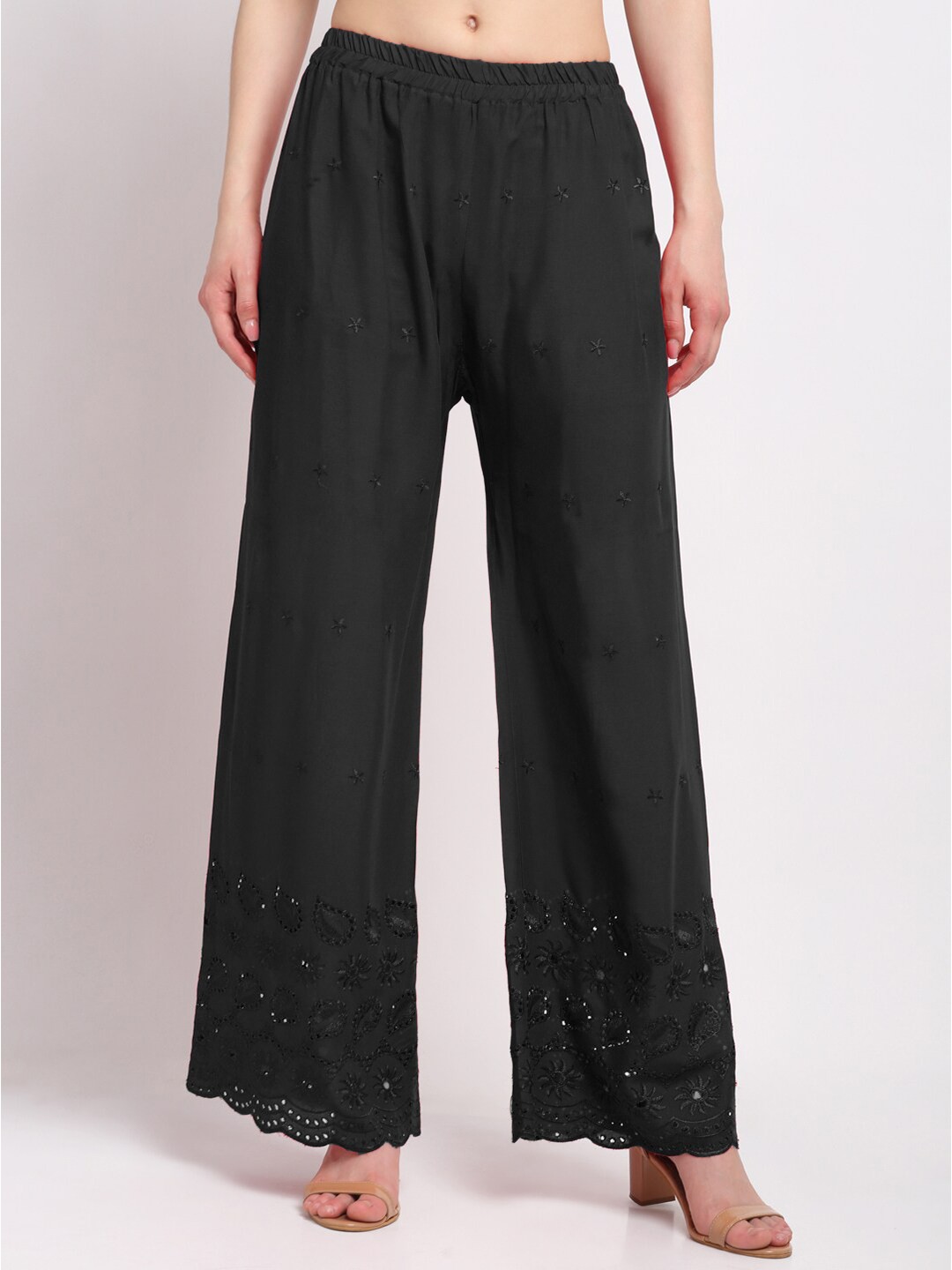 

KLOTTHE Women Floral Embroidered Wide Leg Palazzo, Black