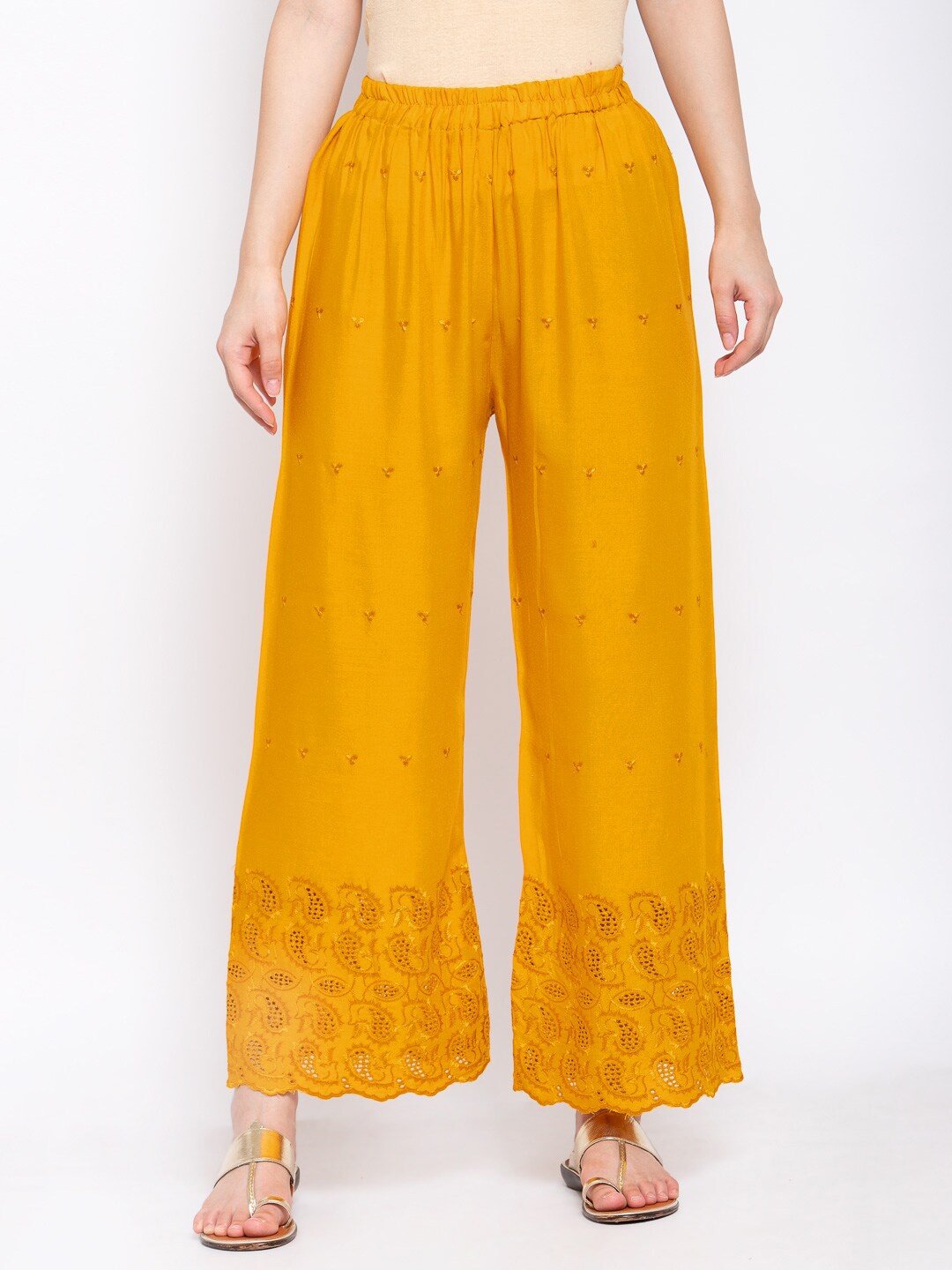 

KLOTTHE Women Embroidered Wide Leg Palazzo, Mustard