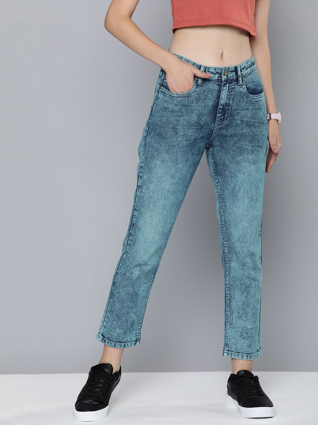

Harvard Women Straight Fit Acid Wash Cropped Jeans, Blue