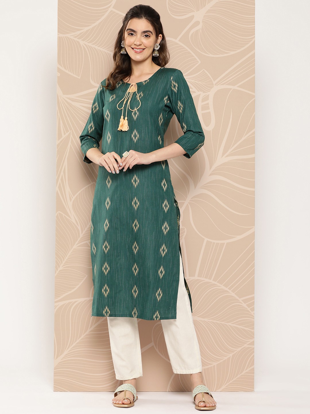 

Yufta Geometric Printed Cotton Kurta, Green