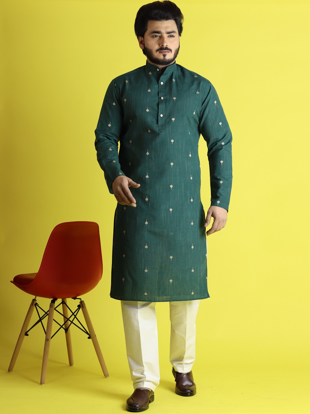 

Tibra Collection Band Collar Woven Design Kurta with Pyjamas, Teal