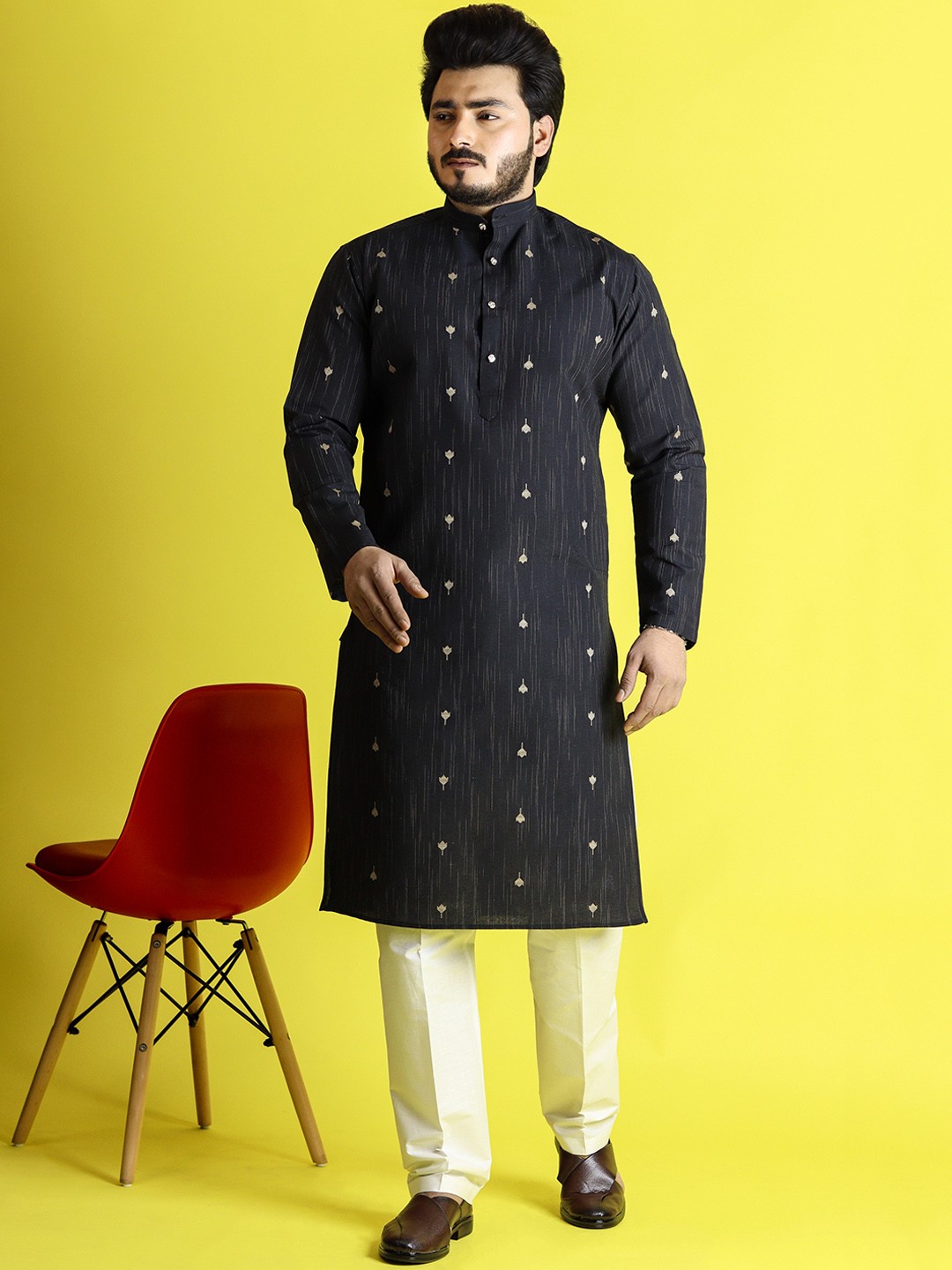 

Tibra Collection Woven Design Mandarin Collar Kurta with Pyjamas, Black