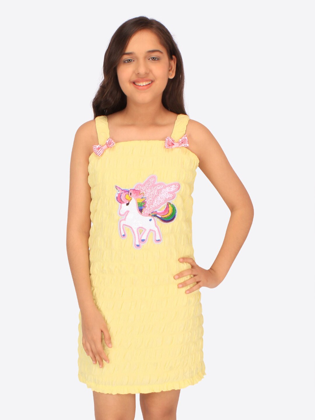 

CUTECUMBER Girls Print Georgette A-Line Dress, Yellow