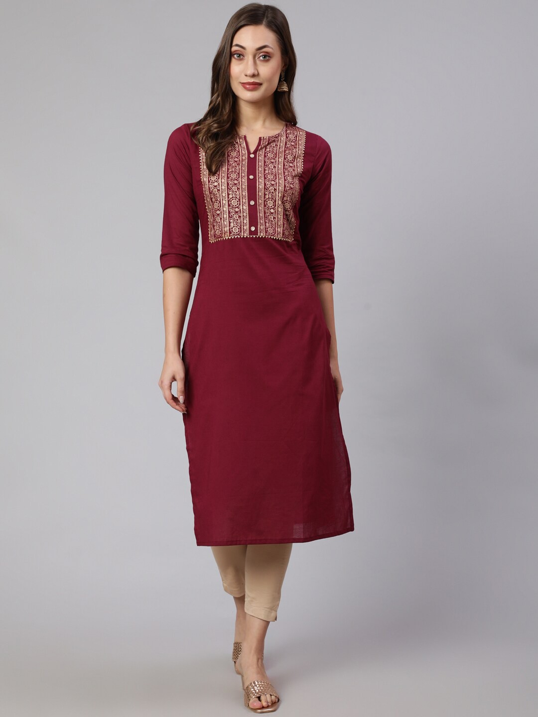 

Nayo Floral Yoke Design Notched Neck Cotton Straight Kurta, Burgundy