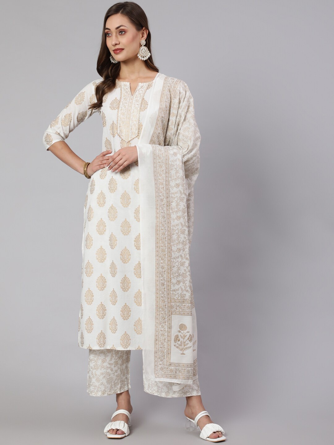 

Nayo Ethnic Motifs Printed Regular Pure Cotton Kurta With Palazzos & Dupatta, Off white