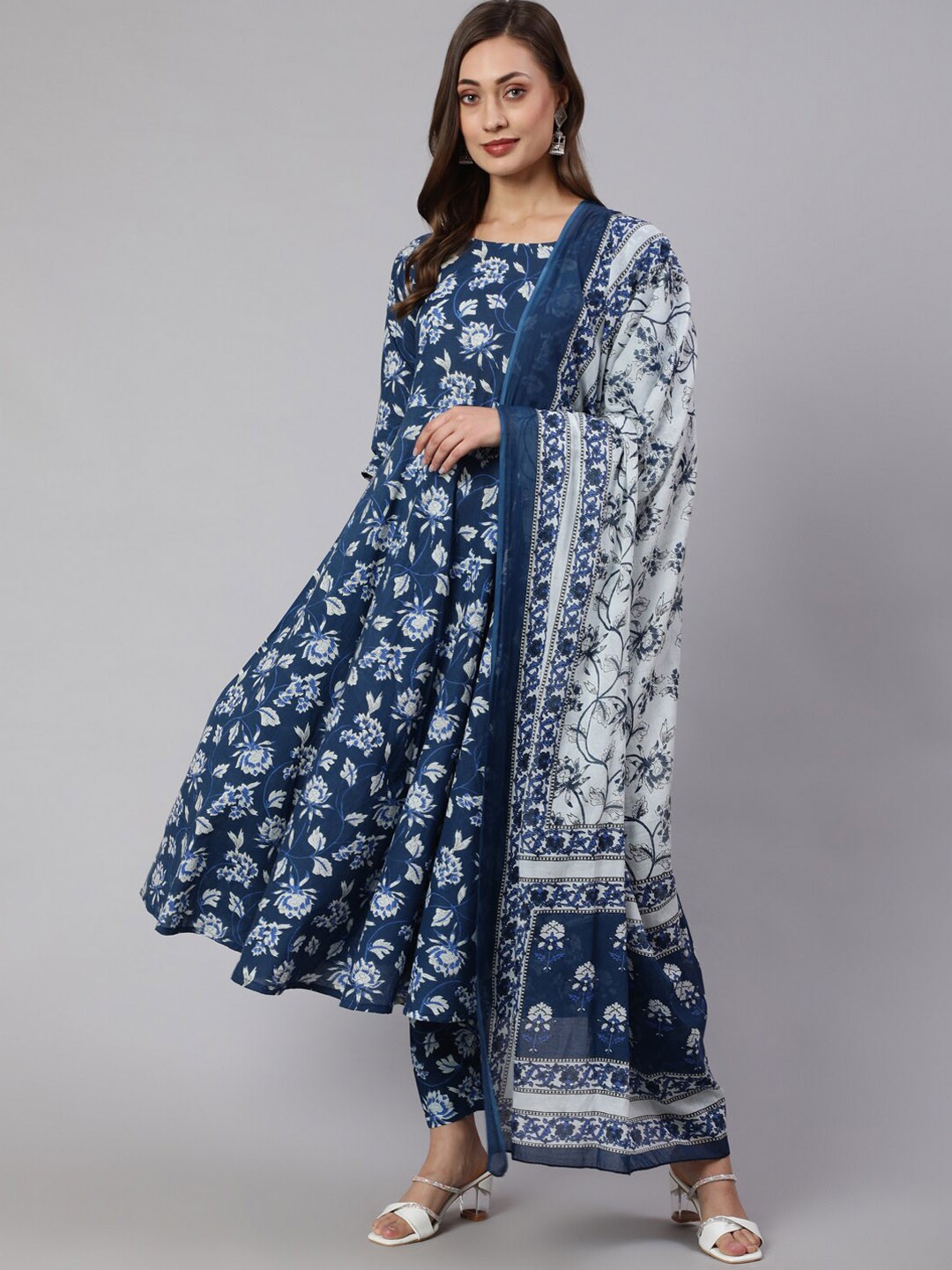 

Nayo Floral Printed Regular Pure Cotton Kurta With Trousers & Dupatta, Blue