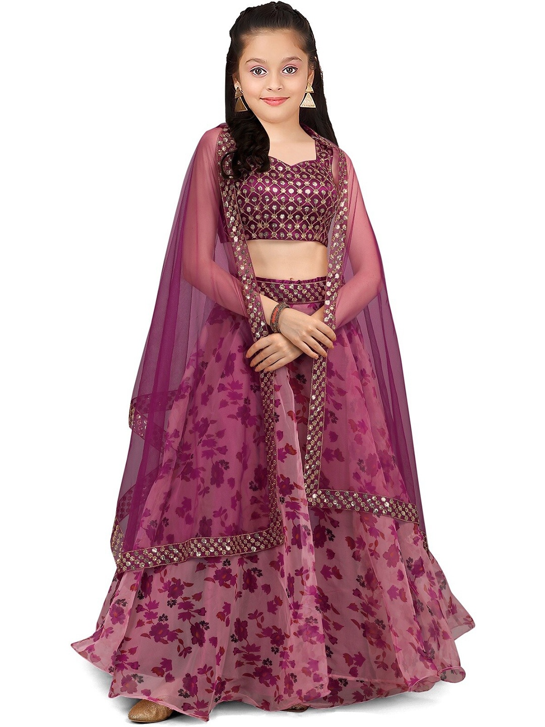 

Kedar Fab Girls Embroidered Sequinned Semi-Stitched Lehenga Set, Pink