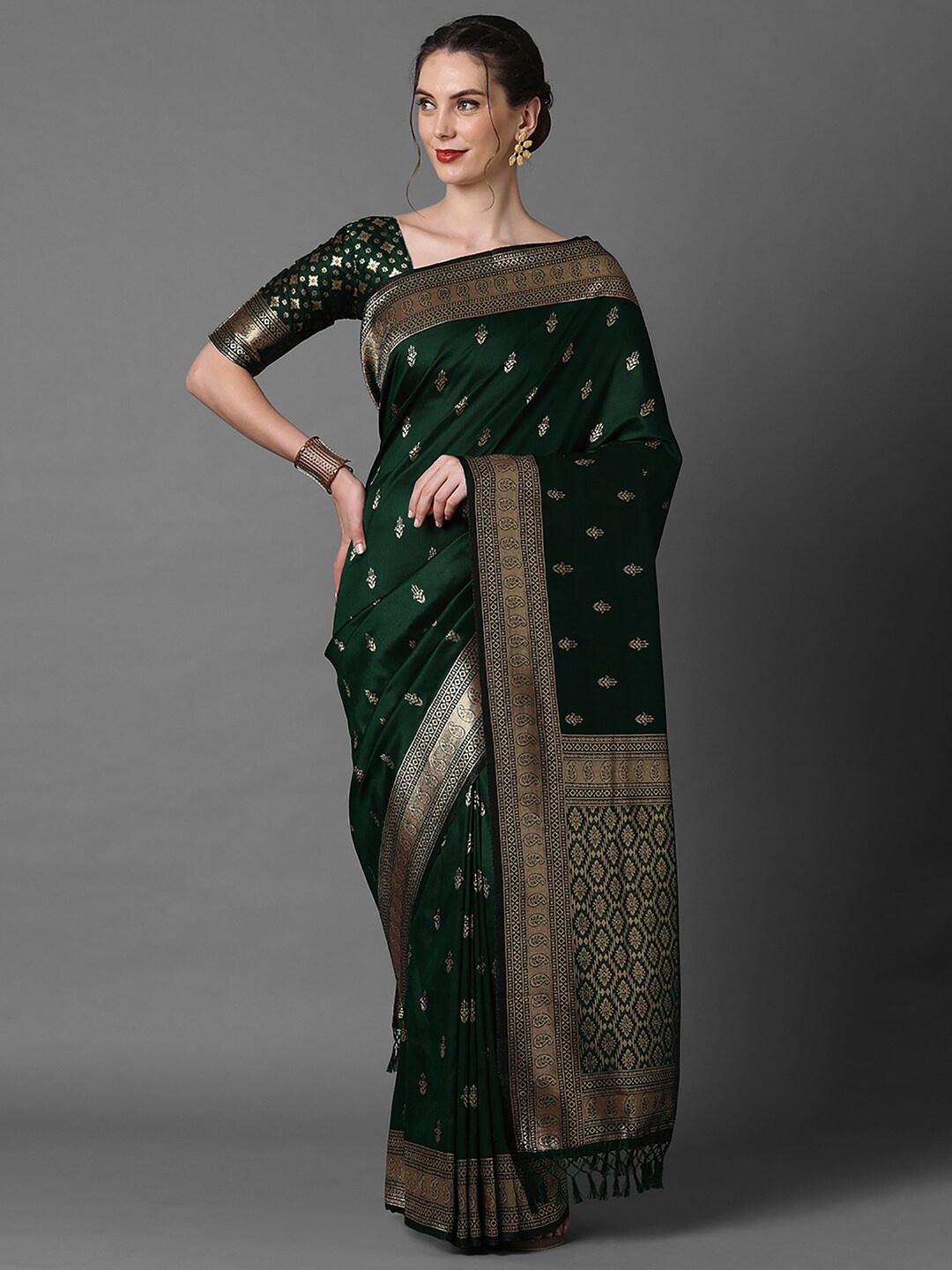 

Mitera Ethnic Motifs Woven Design Zari Silk Blend Banarasi Saree, Green