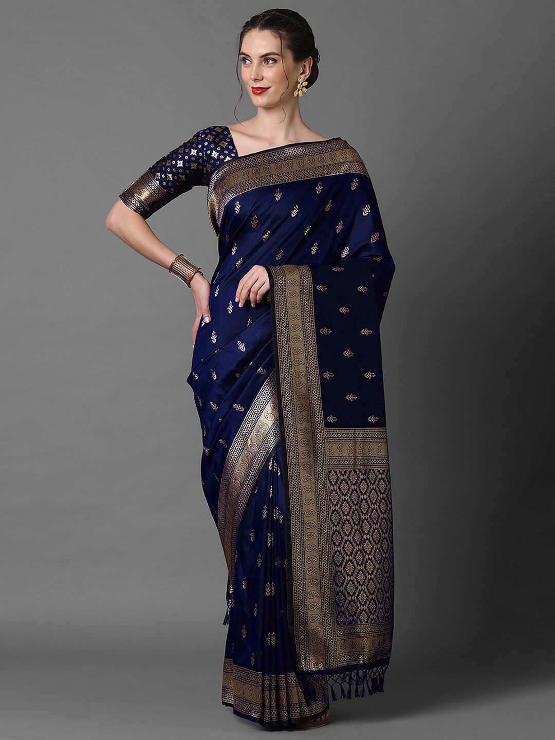 

Mitera Ethnic Motifs Woven Design Zari Banarasi Saree, Navy blue