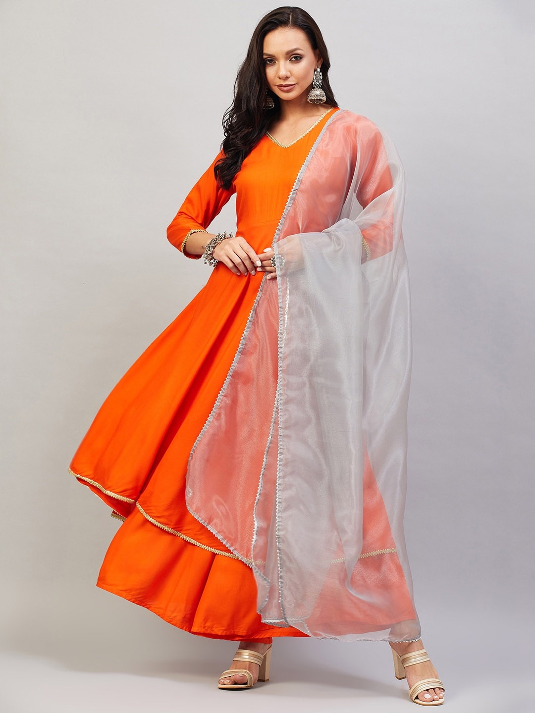 

InWeave V Neck Gotta Patti Anarkali Kurta With Palazzos & Dupatta, Orange