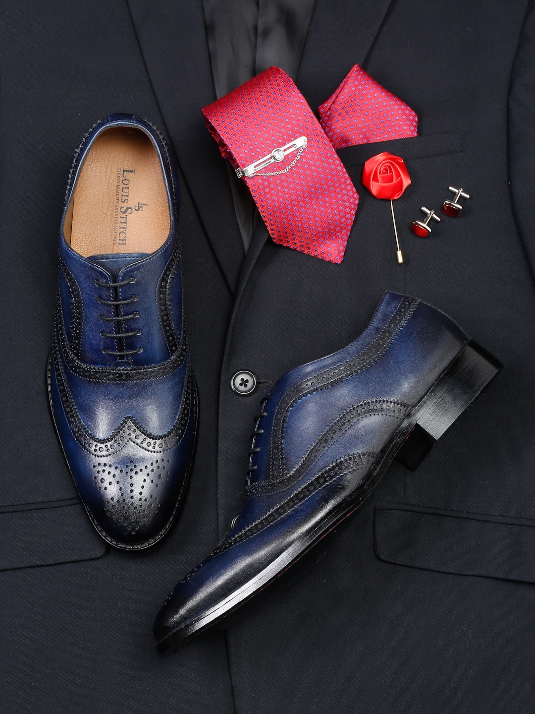 

LOUIS STITCH Men Perforated Leather Formal Borgues, Navy blue