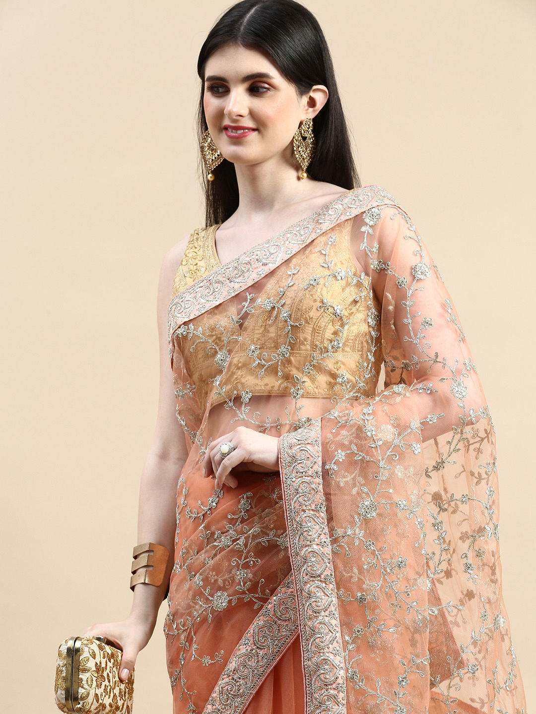 

kasee Floral Embroidered Sequinned Net Saree, Peach