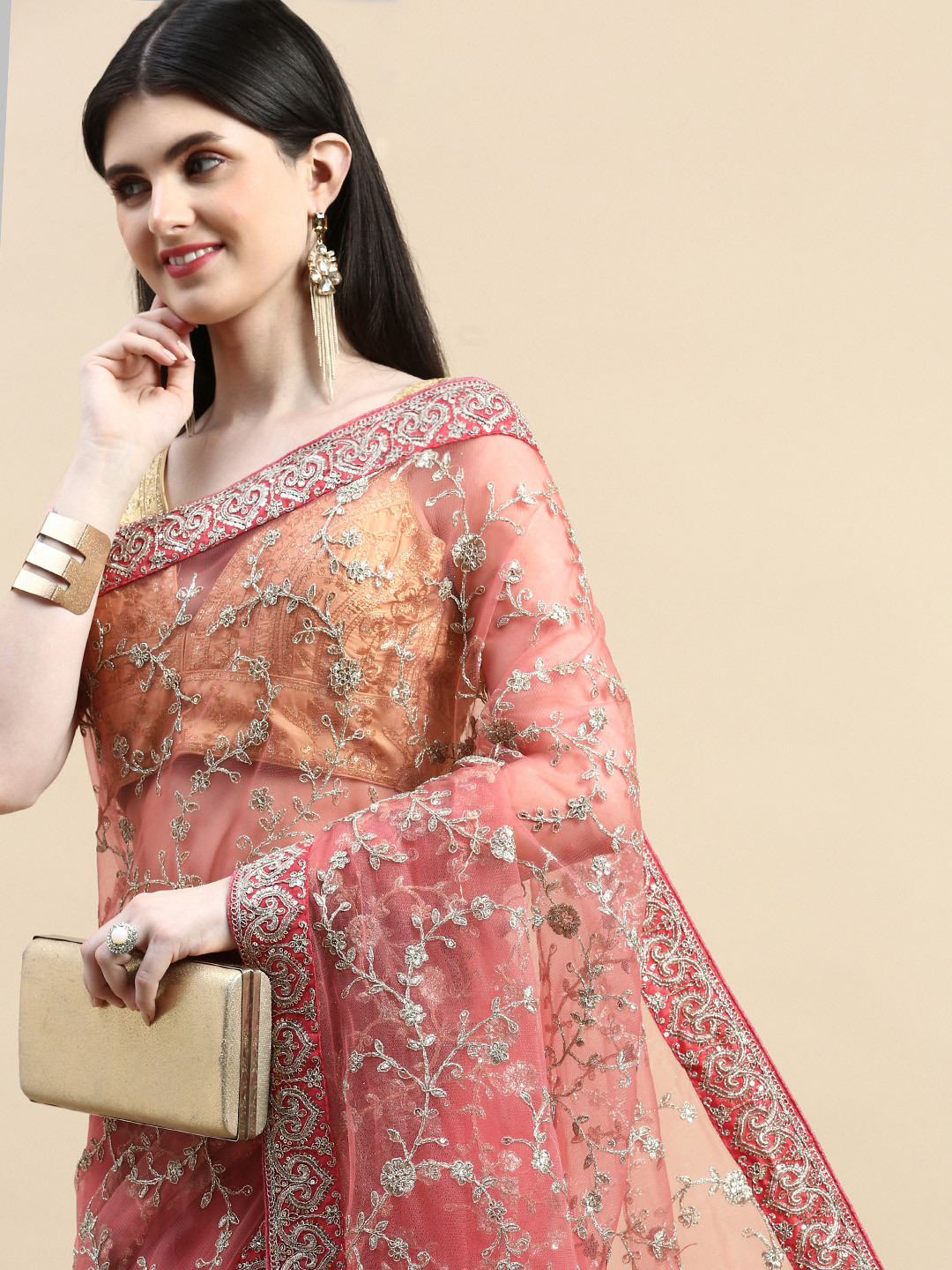 

kasee Floral Embroidered Sequinned Net Saree, Pink