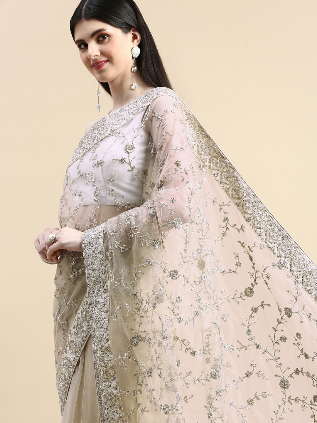 

kasee Floral Embroidered Sequinned Net Saree, Beige