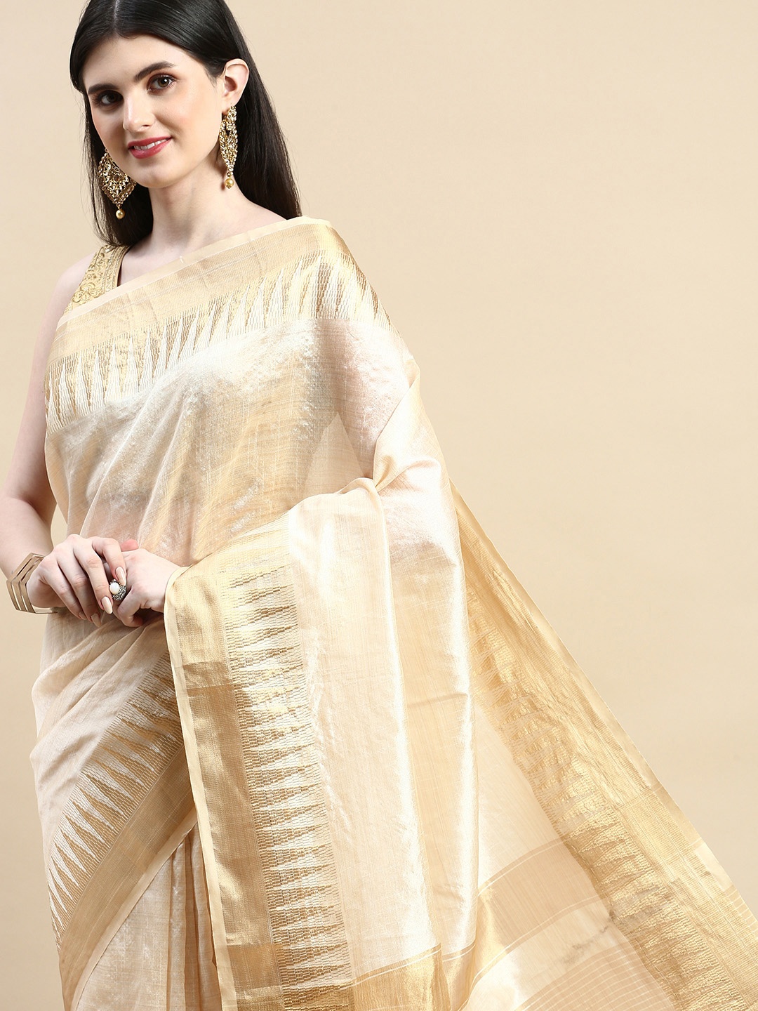 

kasee Woven Design Zari Silk Cotton Saree, Beige