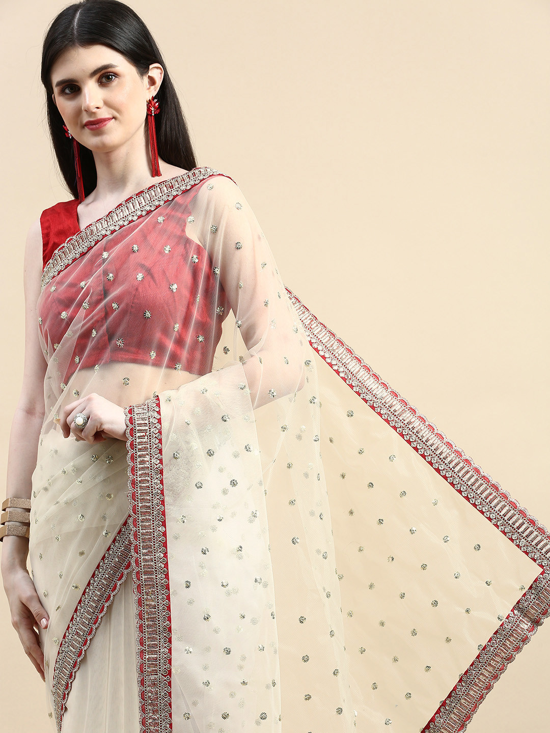 

kasee Floral Embellished Sequinned Net Saree, Beige