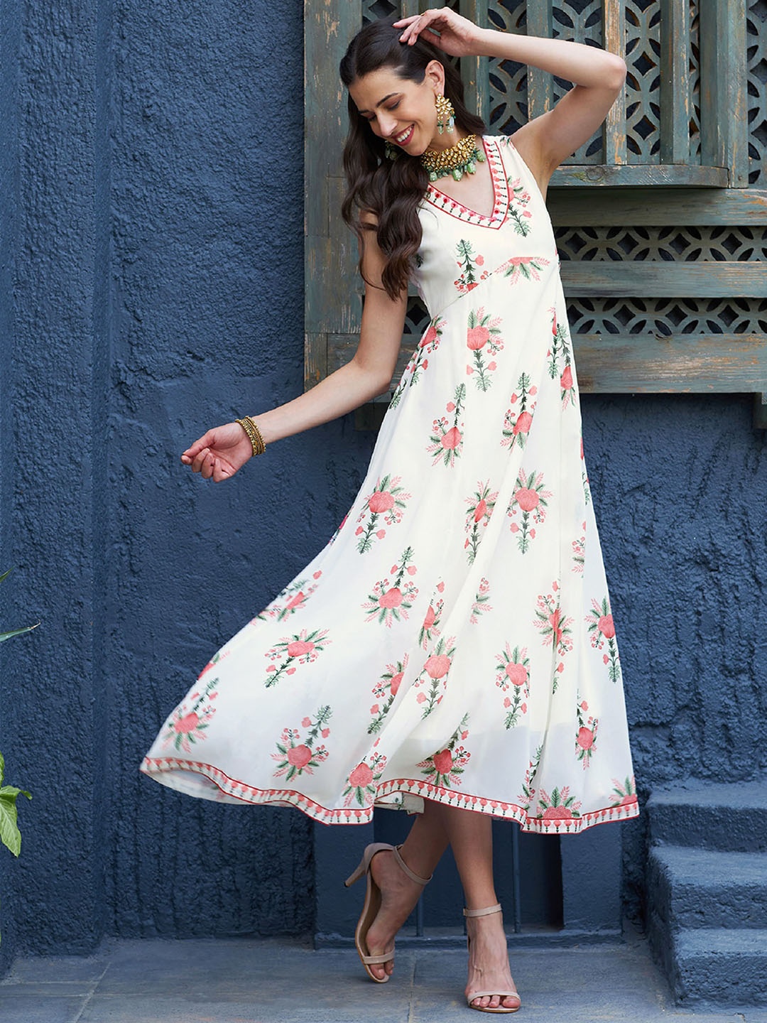 

Shae by SASSAFRAS Floral Printed V-Neck Empire Ethnic Maxi Dresses, Off white
