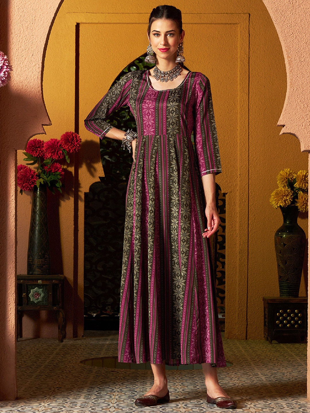 

Shae by SASSAFRAS Ethnic Motifs Printed Round Neck Maxi Dress, Maroon
