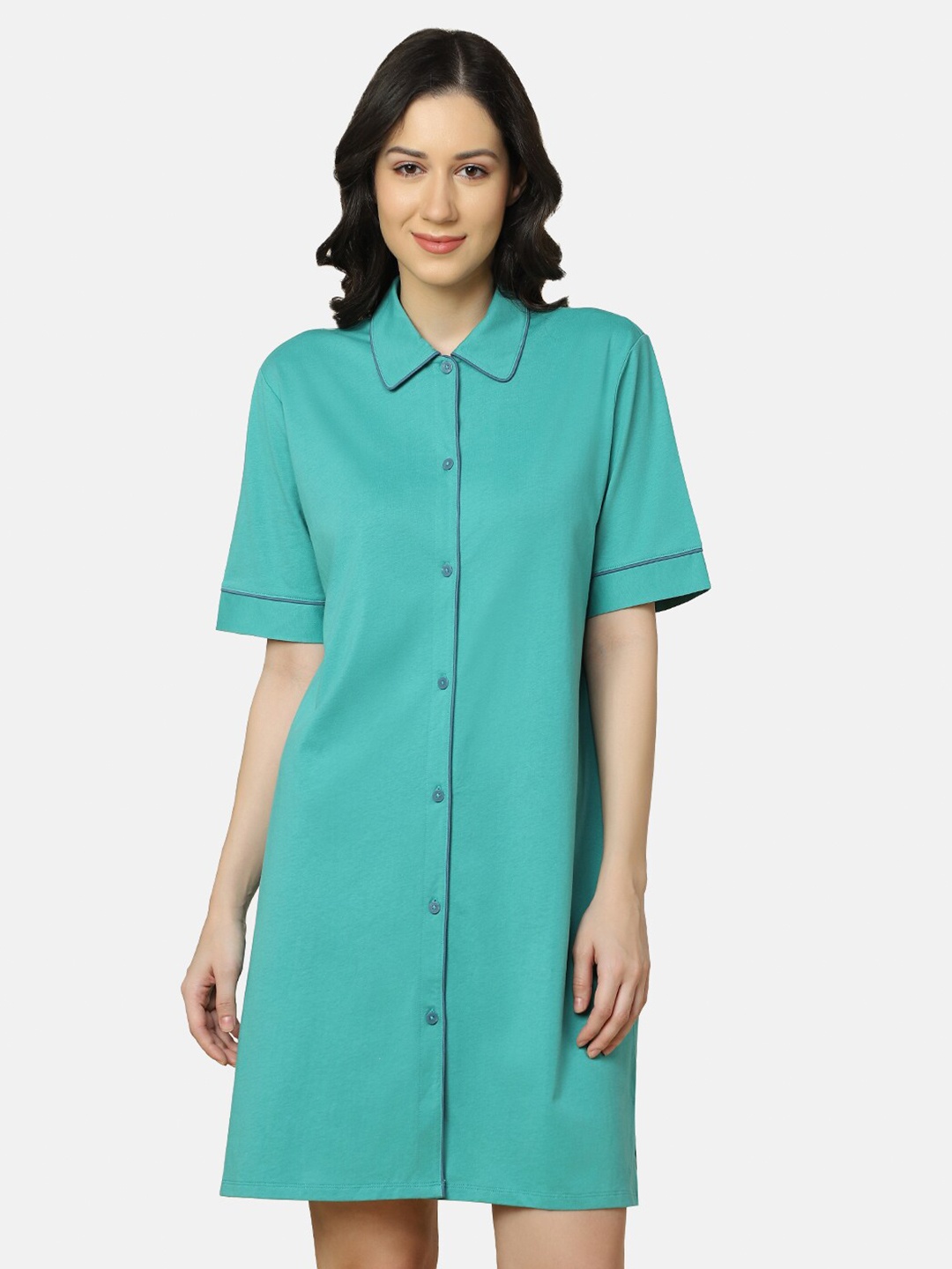 

Triumph Shirt Collar Organic Cotton Nightdress, Teal