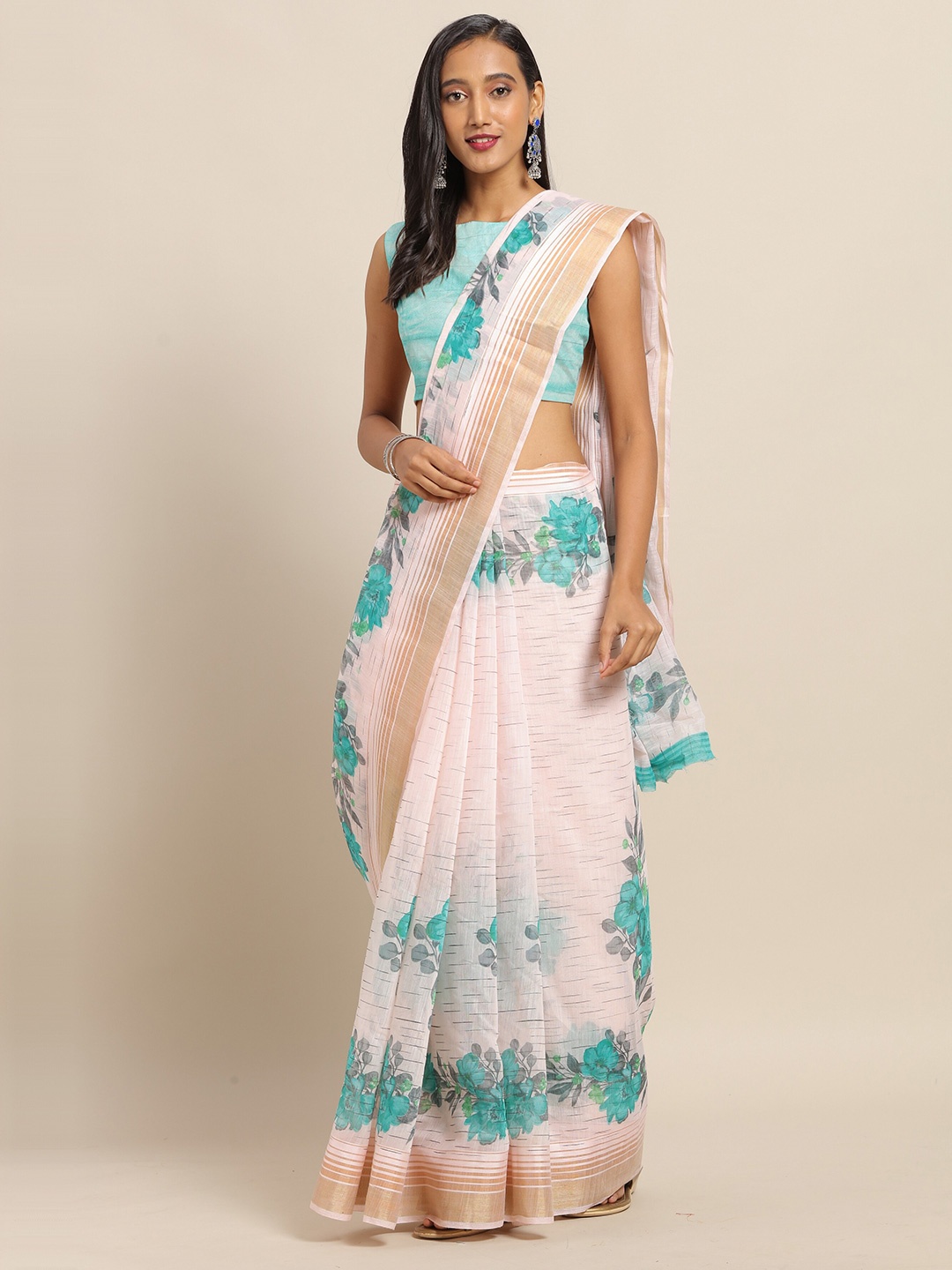 

Saree mall Floral Printed Zari Linen Blend Sarees, Pink