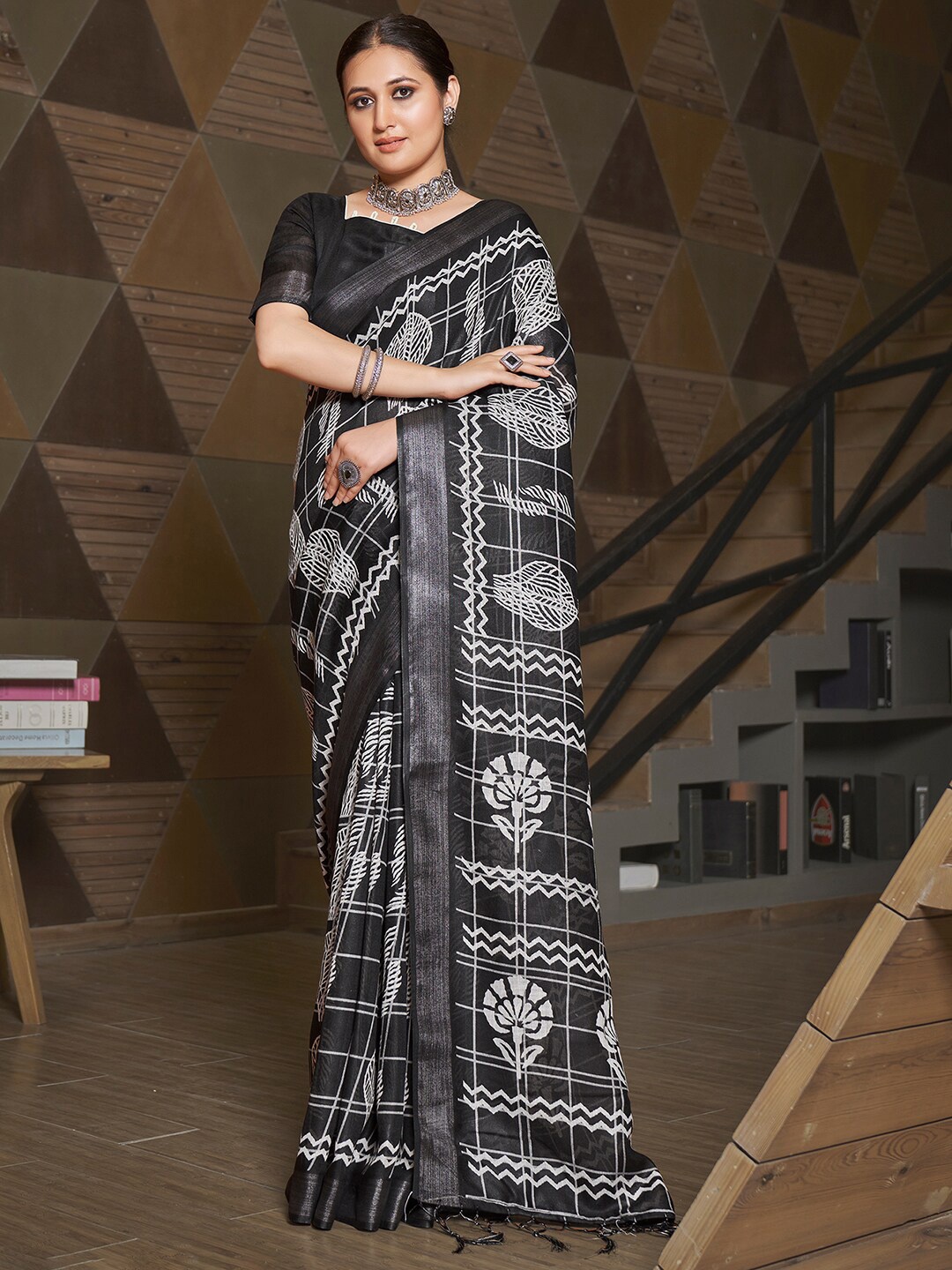 

Saree mall Floral Zari Linen Blend Bagh Sarees, Black
