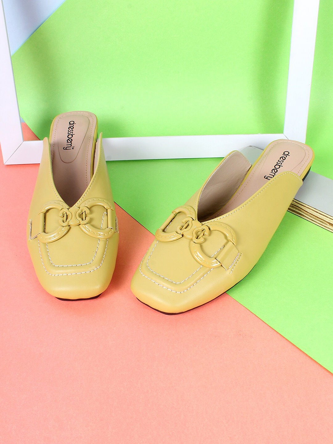 

DressBerry Women Mules Flats With Buckles, Yellow