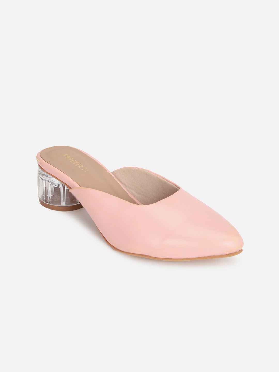 

FOREVER 21 Peach -Coloured Pointed Toe Block Heel Mules