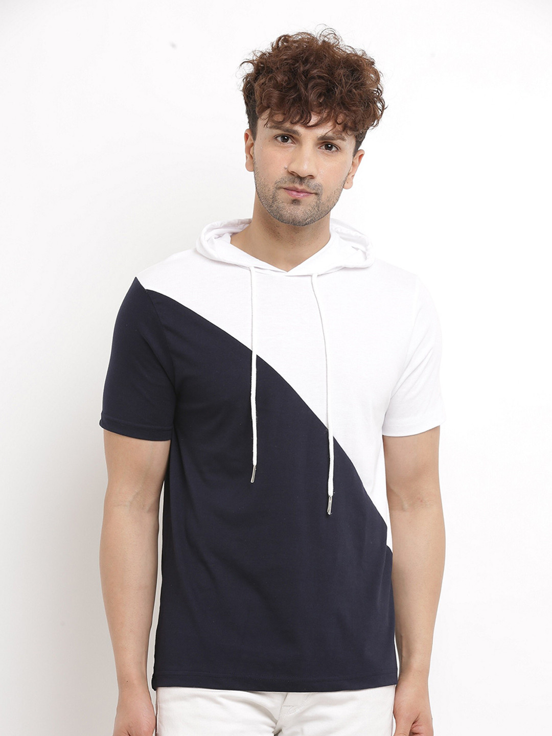 

Try This Colourblocked Hooded Short Sleeves Cotton T-shirt, Blue