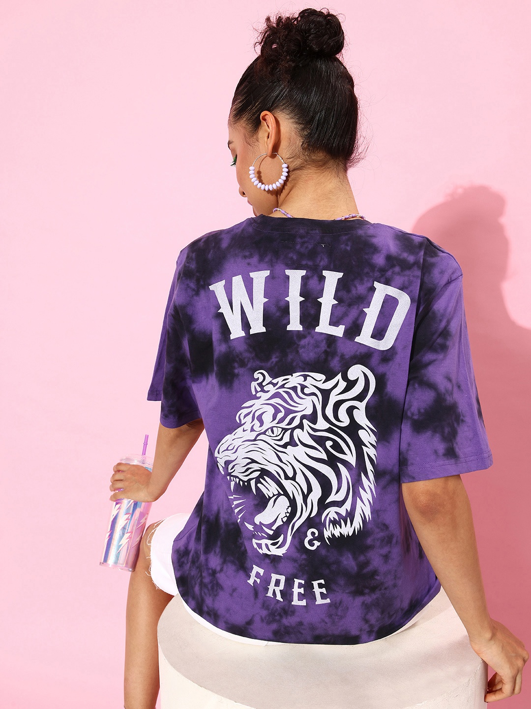 

Difference of Opinion Women Purple & Black Tie & Dye Oversized Pure Cotton Longline T-shirt