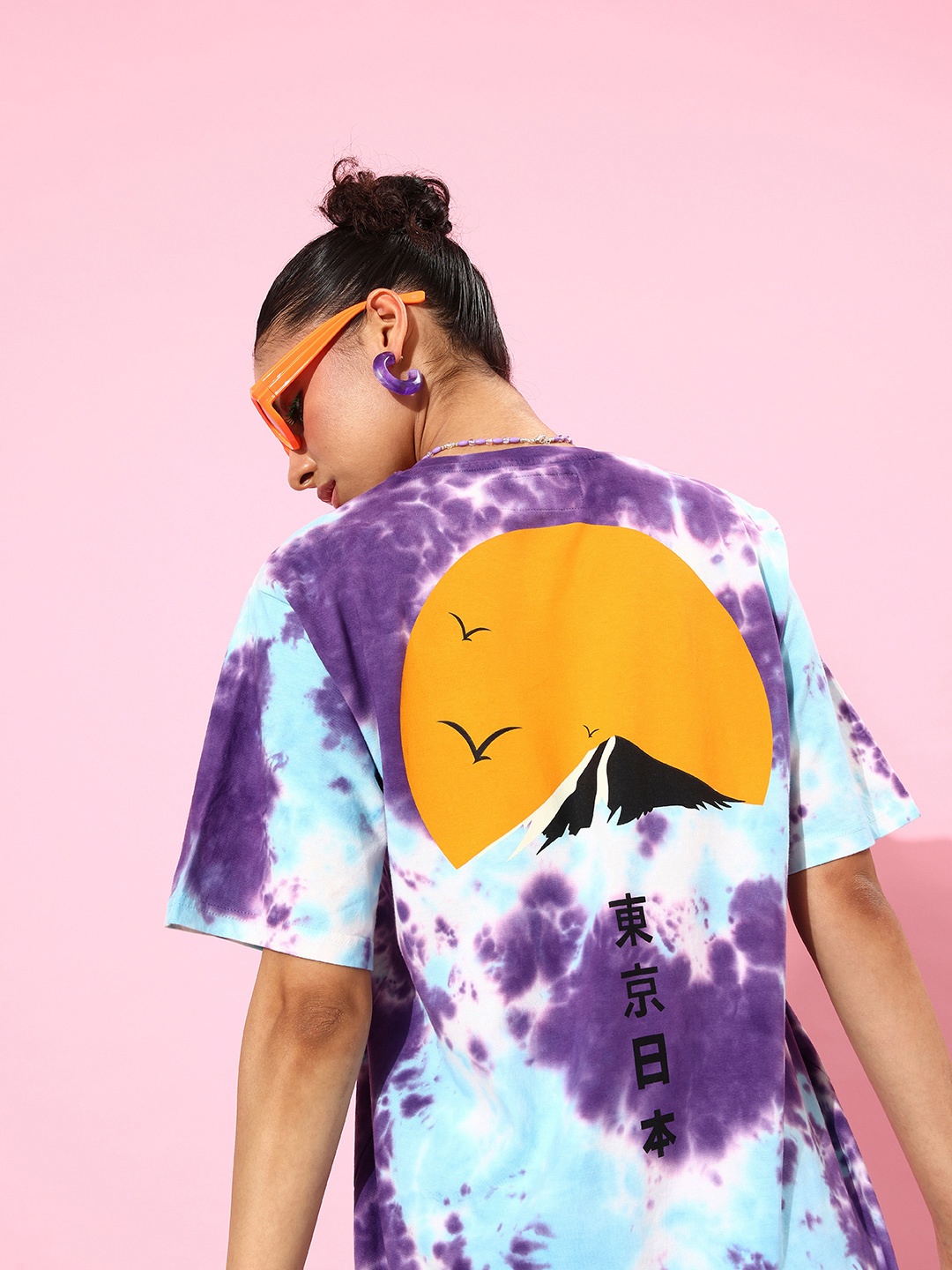 

Difference of Opinion Women Blue & Purple Tie & Dye Oversized Pure Cotton Longline T-shirt