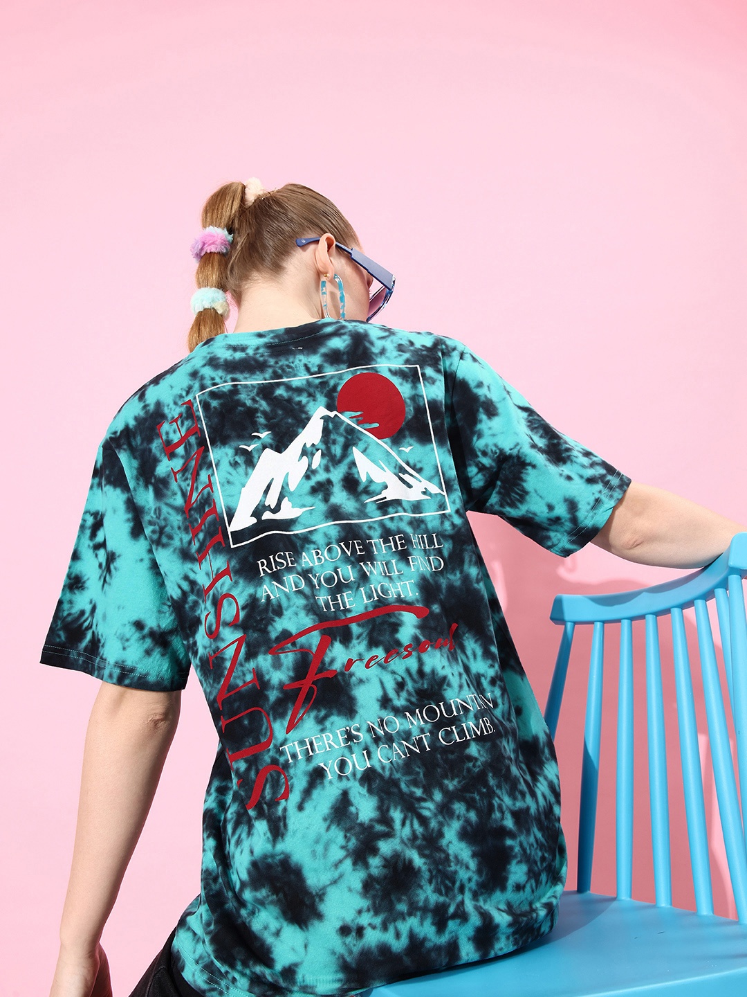 

Difference of Opinion Women Blue & Black Tie & Dye Oversized Pure Cotton Longline T-shirt