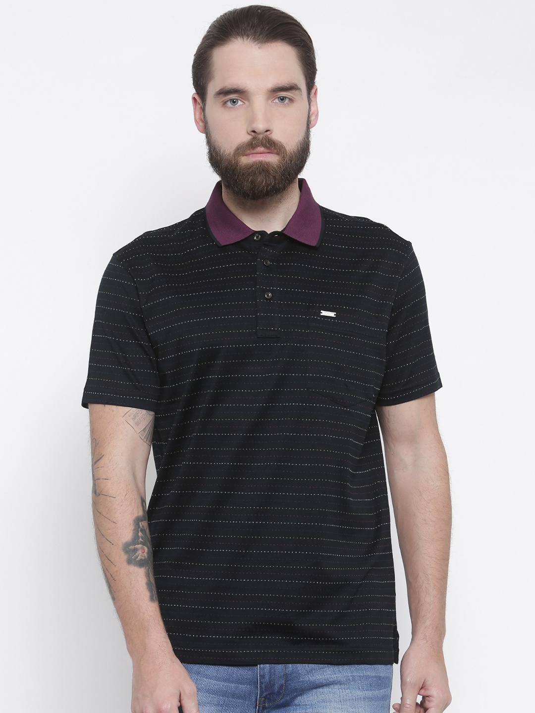 

Park Avenue Men Black Self Design Polo Collar T-shirt
