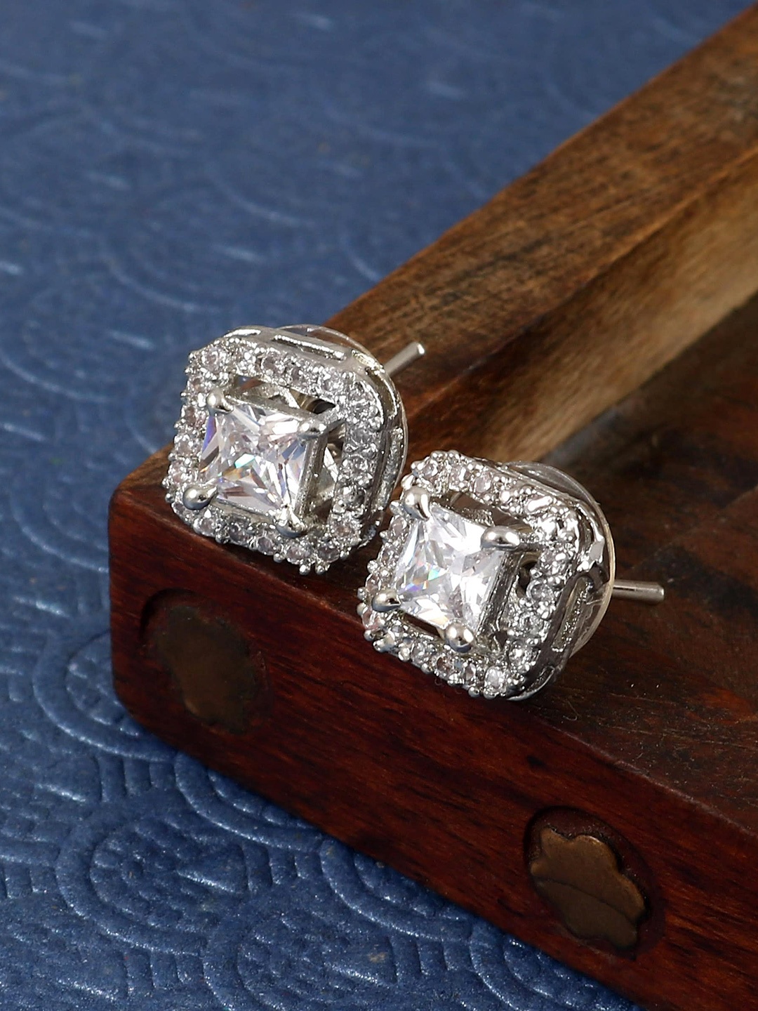 

Jewar Mandi Silver Plated Square Cubic Zirconia Studs Earrings