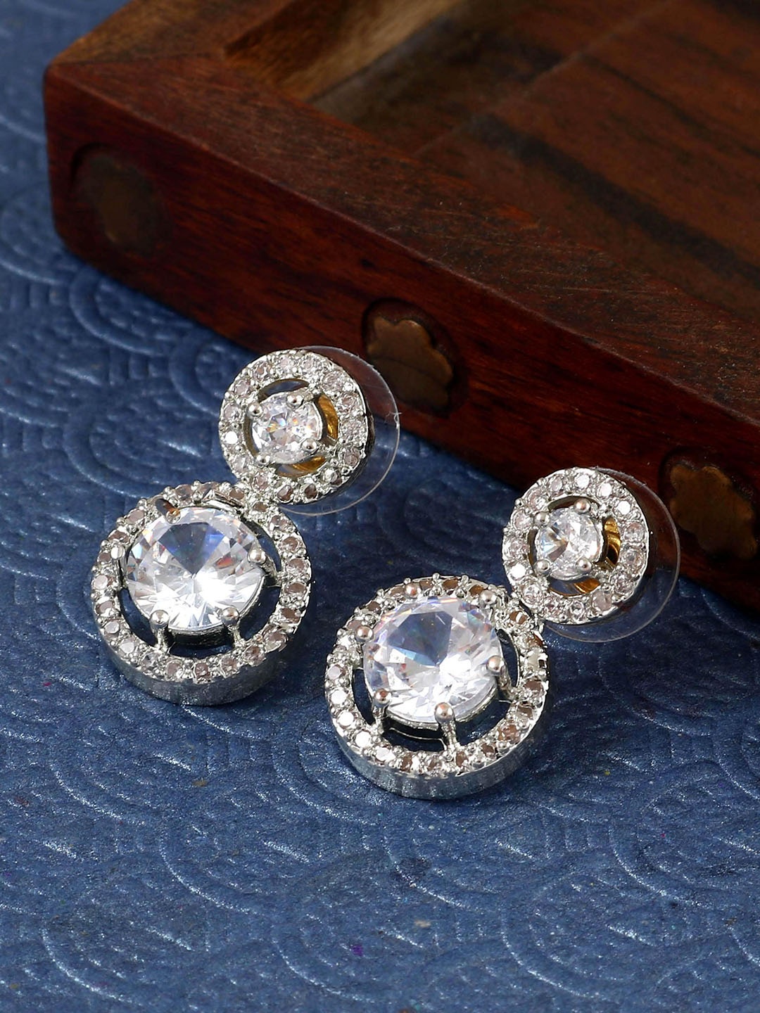 

Jewar Mandi Silver Plated Circular Cubic Zirconia Drop Earrings