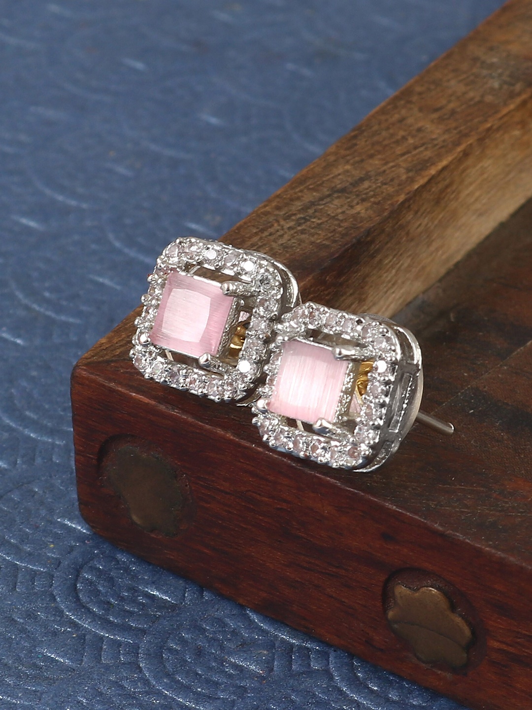 

Jewar Mandi Silver Plated Square Cubic Zirconia Studs Earrings