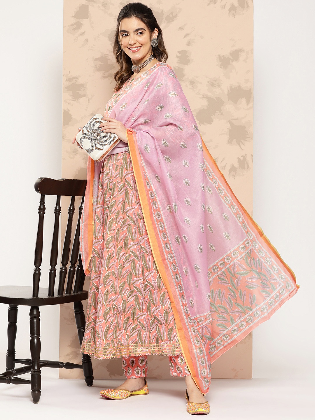 

Yufta Ethnic Motifs Printed Regular Pure Cotton Kurta With Palazzos & Dupatta, Peach