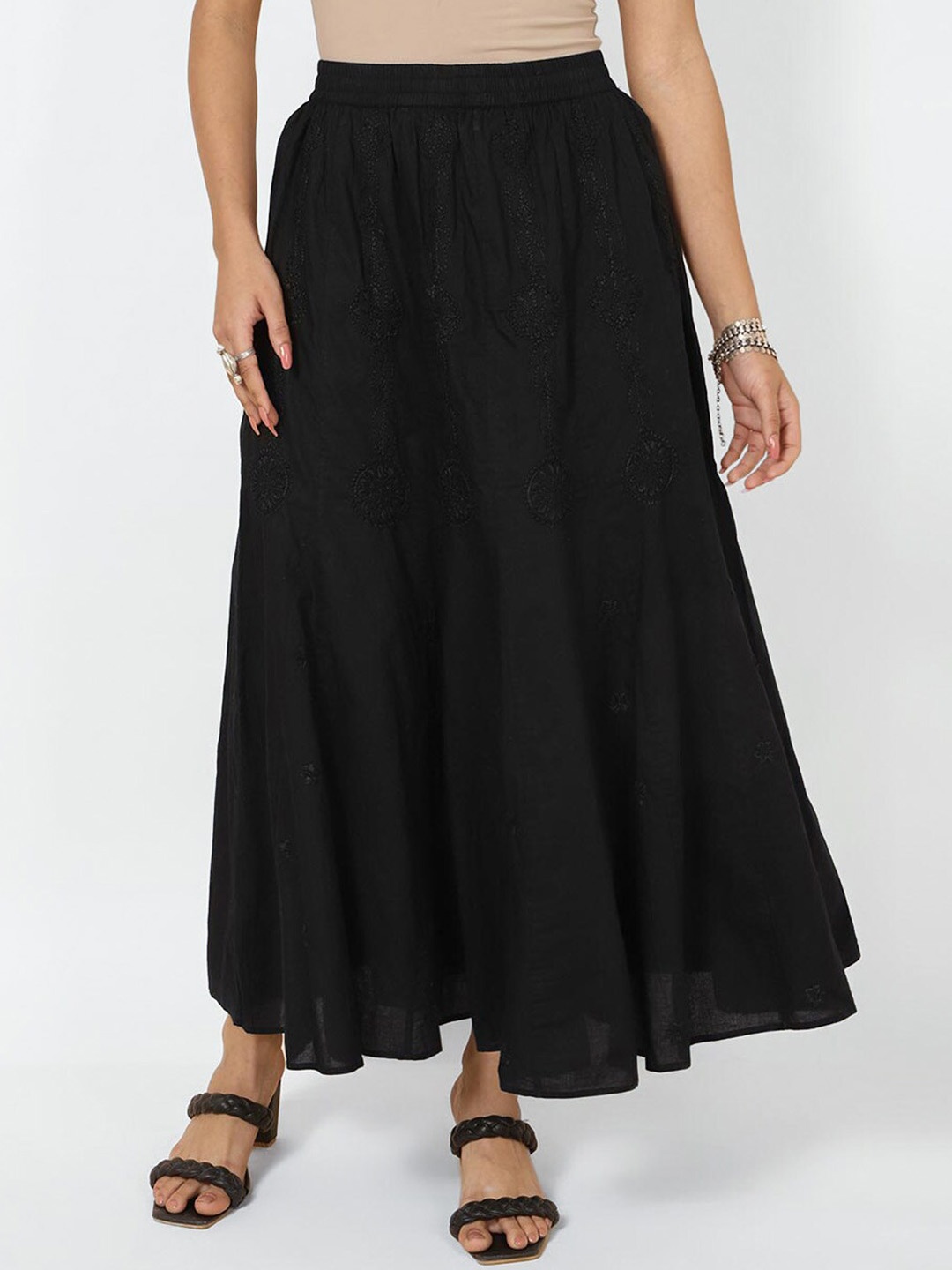 

Fabindia Chikankari Embroidered Cotton Maxi Flared Skirt, Black