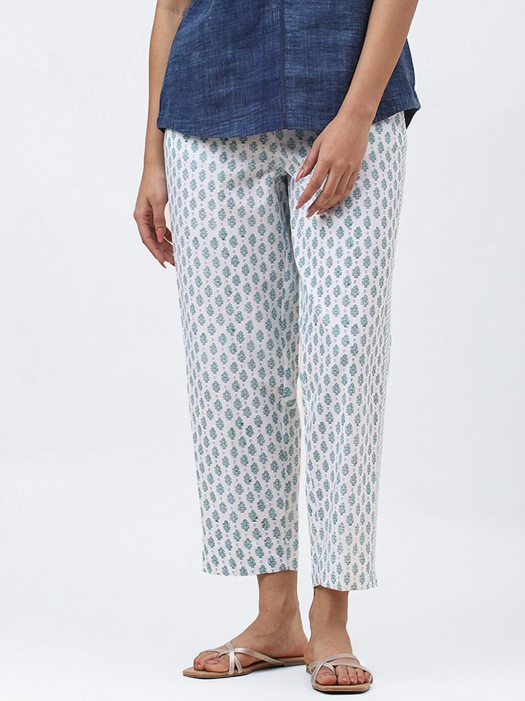 

Fabindia Women Comfort Fit Hand Block Printed Casual Linen Trousers, White