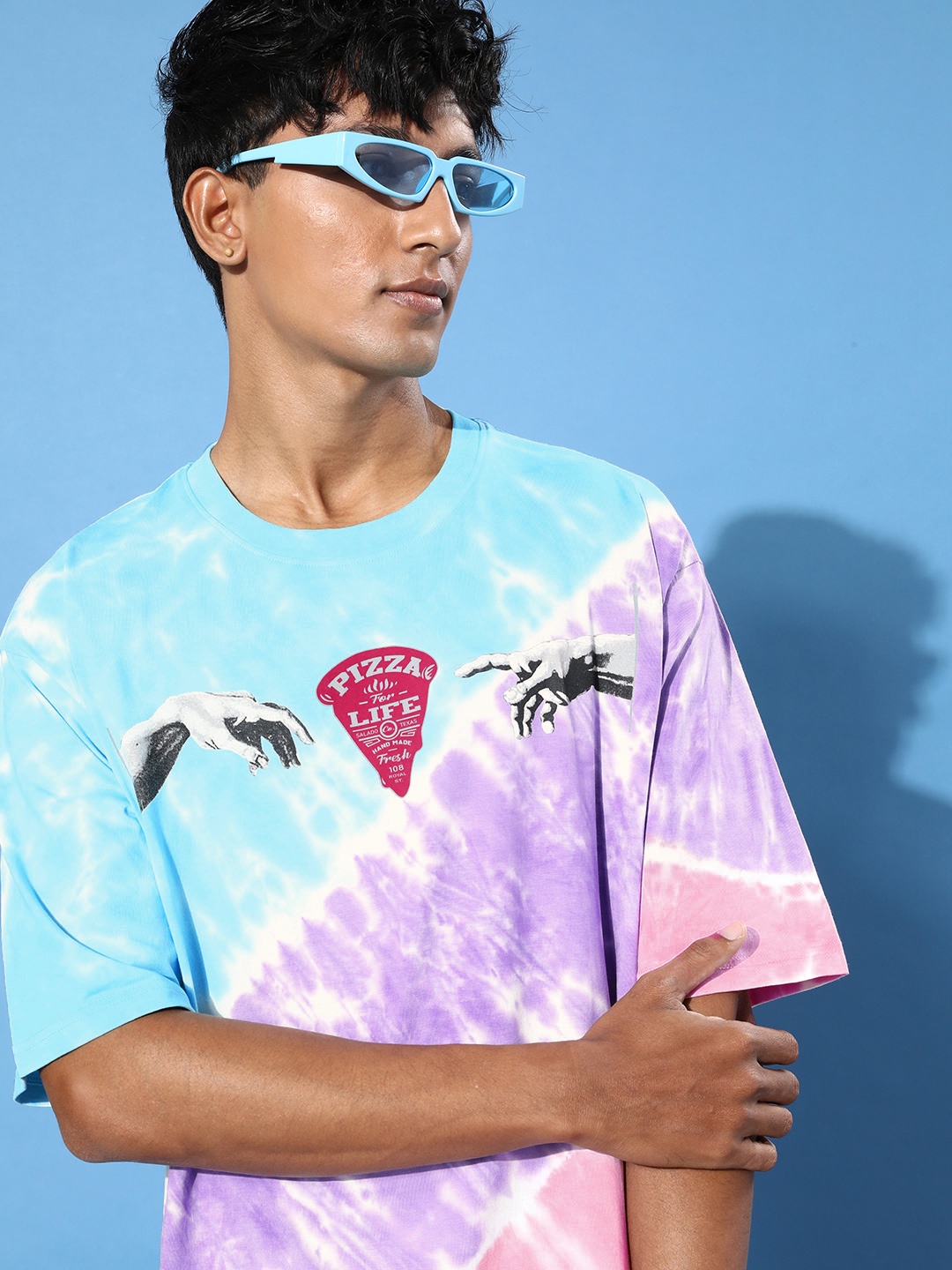 

DILLINGER Men Multicoloured Tie & Dye Oversized Pure Cotton Longline T-shirt, Blue
